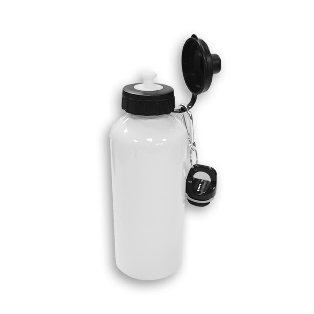 Botella deportiva blanca con tapa de rosca y mosquetón