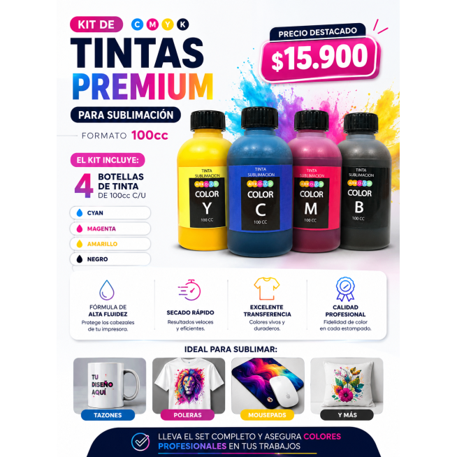 Kit de Tintas para Sublimación 100cc - 4 Colores CMYK