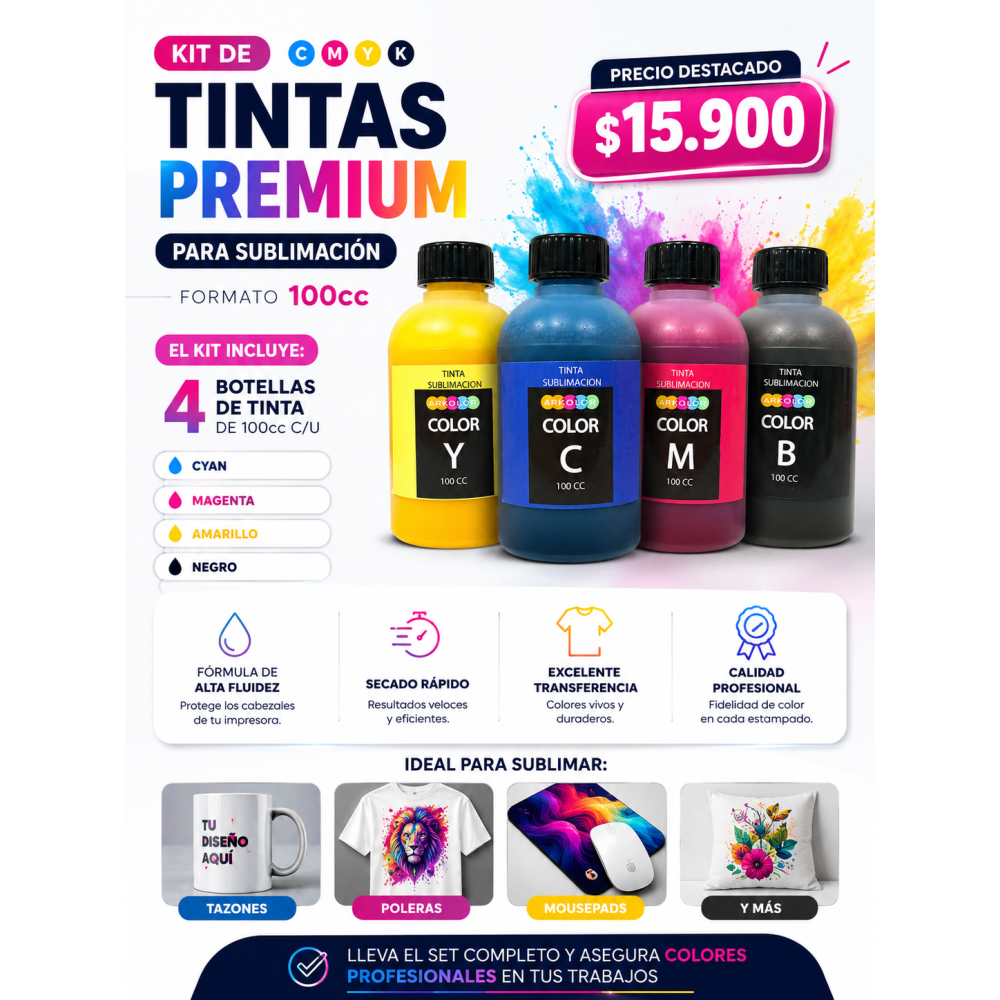 Kit de Tintas para Sublimación 100cc - 4 Colores CMYK