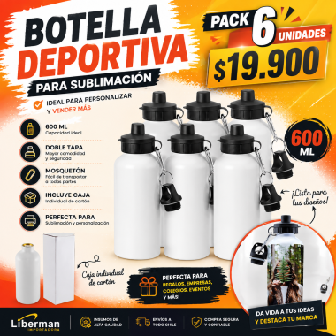 Pack 6 Botellas Deportivas 600 ml para Sublimación | Liberman